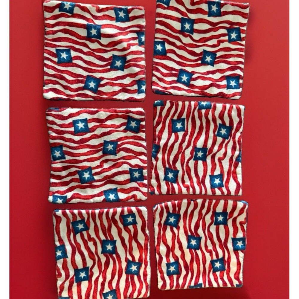 Set of 6 Handmade Patriotic Fabric Coasters 4.5in Star Stripe Americana Quilted